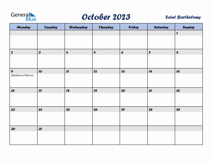 October 2023 Calendar with Holidays in Saint Barthelemy