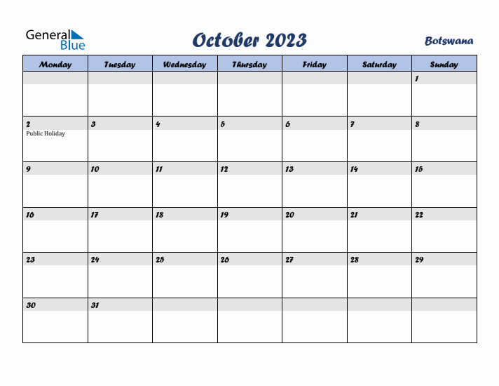 October 2023 Calendar with Holidays in Botswana