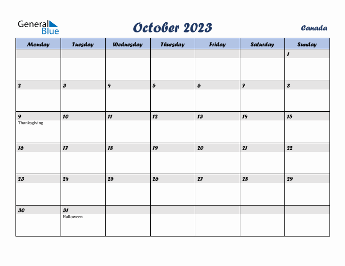 October 2023 Calendar with Holidays in Canada
