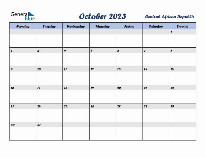 October 2023 Calendar with Holidays in Central African Republic