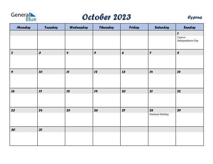 October 2023 Calendar with Holidays in Cyprus