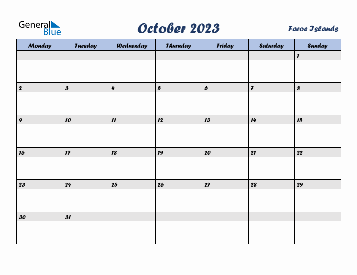 October 2023 Calendar with Holidays in Faroe Islands
