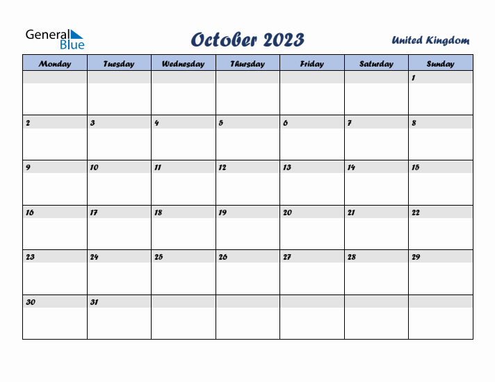 October 2023 Calendar with Holidays in United Kingdom