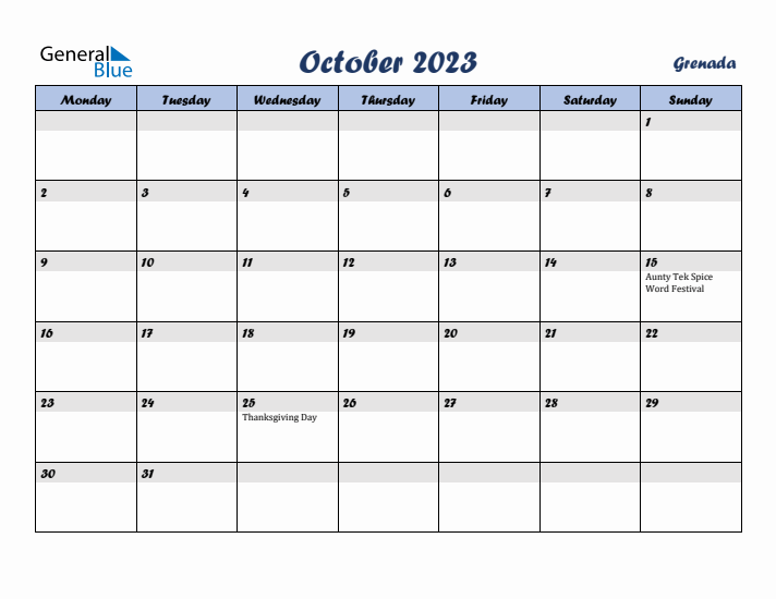 October 2023 Calendar with Holidays in Grenada