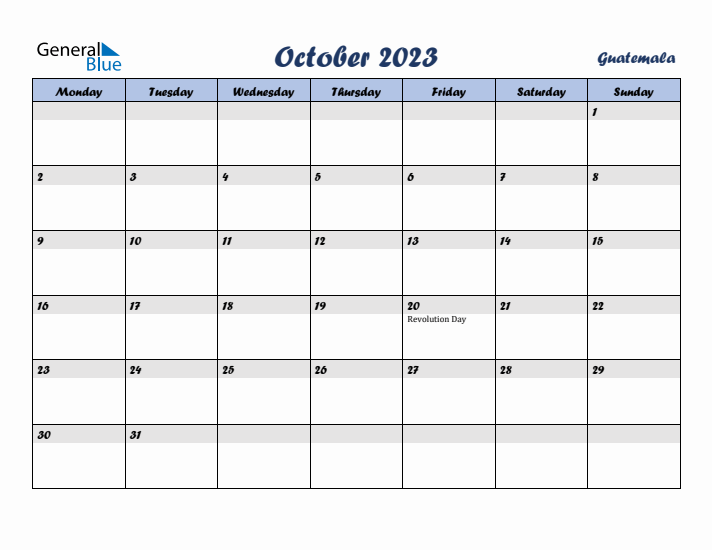 October 2023 Calendar with Holidays in Guatemala