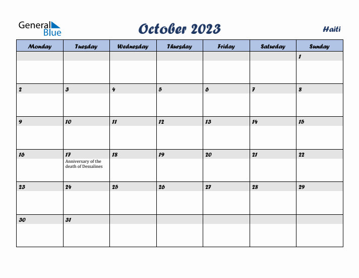 October 2023 Calendar with Holidays in Haiti