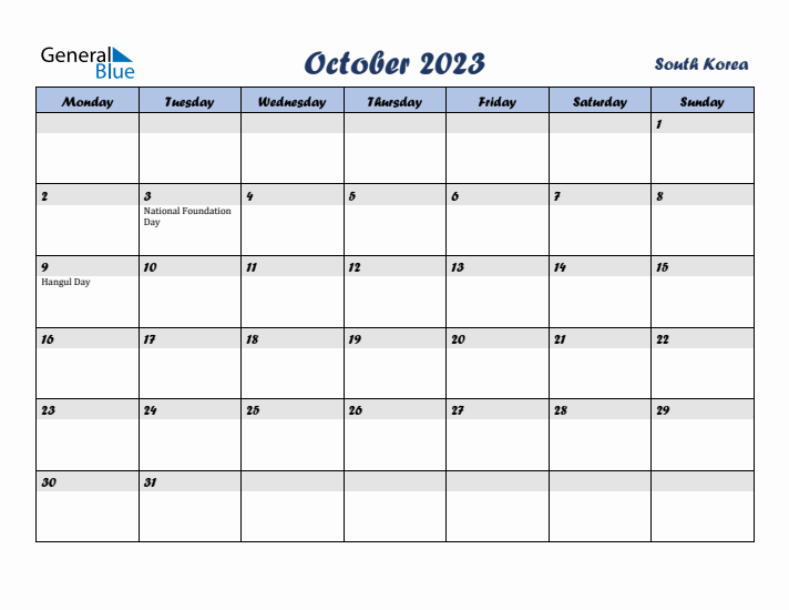 October 2023 Calendar with Holidays in South Korea