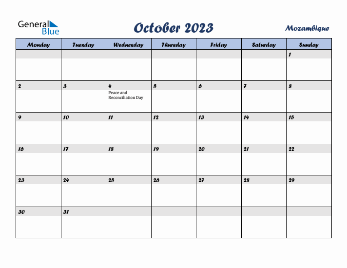 October 2023 Calendar with Holidays in Mozambique