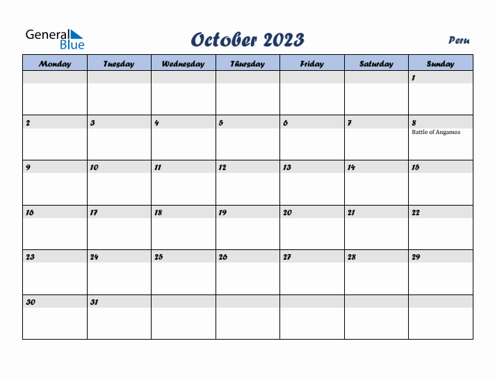 October 2023 Calendar with Holidays in Peru