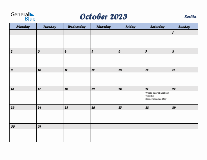 October 2023 Calendar with Holidays in Serbia