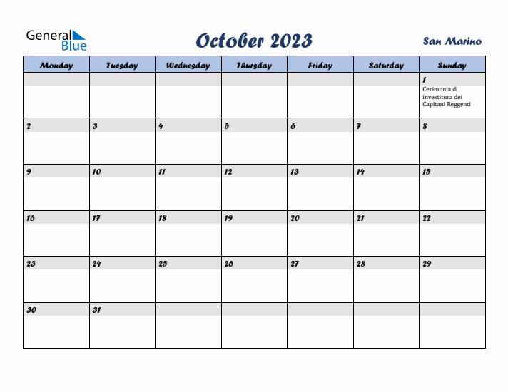 October 2023 Calendar with Holidays in San Marino