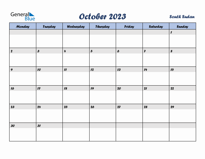 October 2023 Calendar with Holidays in South Sudan