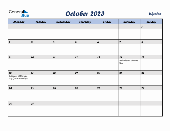 October 2023 Calendar with Holidays in Ukraine