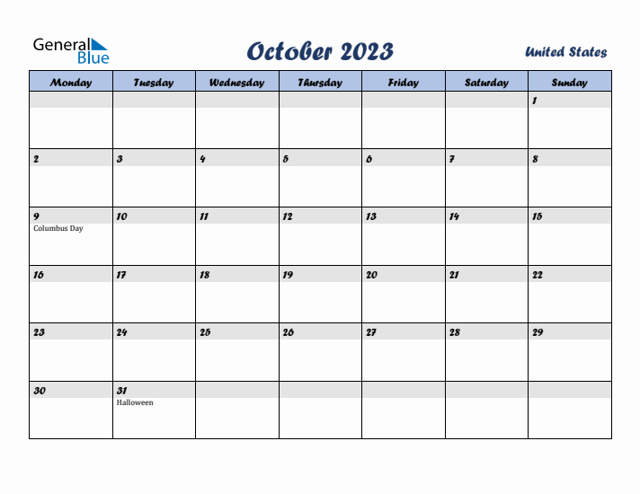 October 2023 Calendar with Holidays in United States