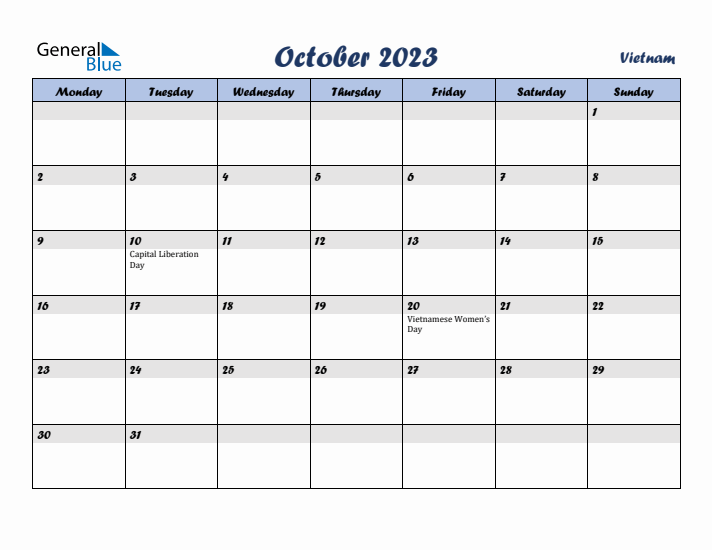 October 2023 Calendar with Holidays in Vietnam