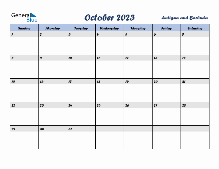 October 2023 Calendar with Holidays in Antigua and Barbuda