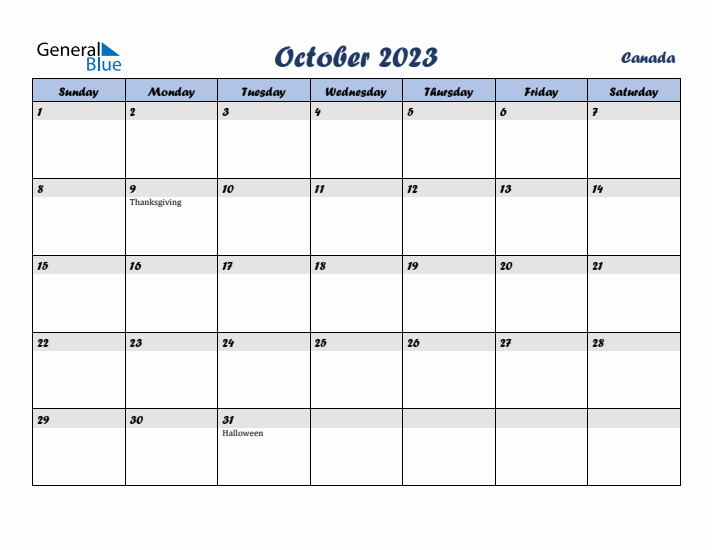 October 2023 Calendar with Holidays in Canada