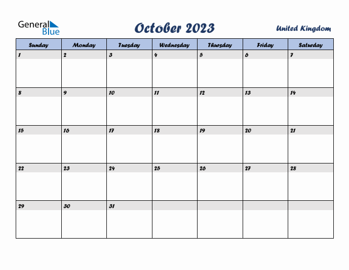 October 2023 Calendar with Holidays in United Kingdom