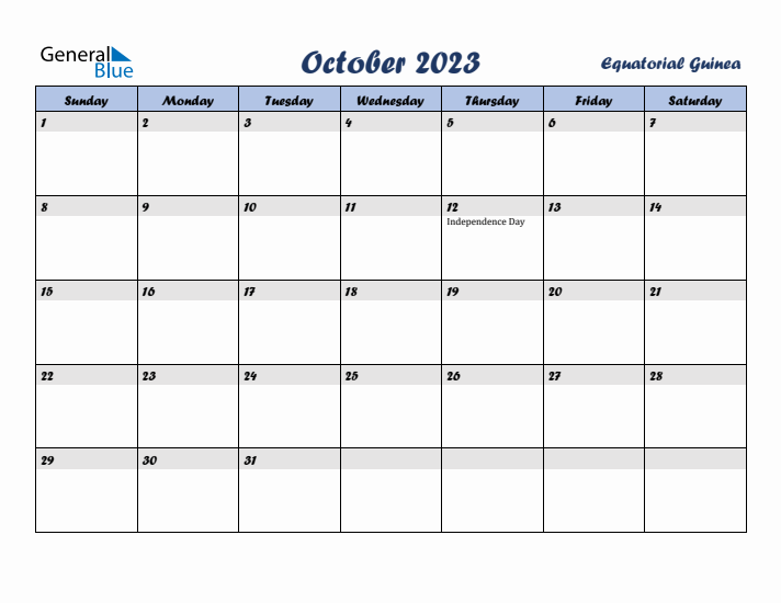 October 2023 Calendar with Holidays in Equatorial Guinea