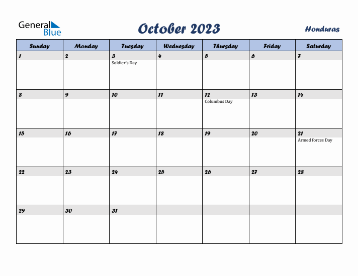 October 2023 Calendar with Holidays in Honduras