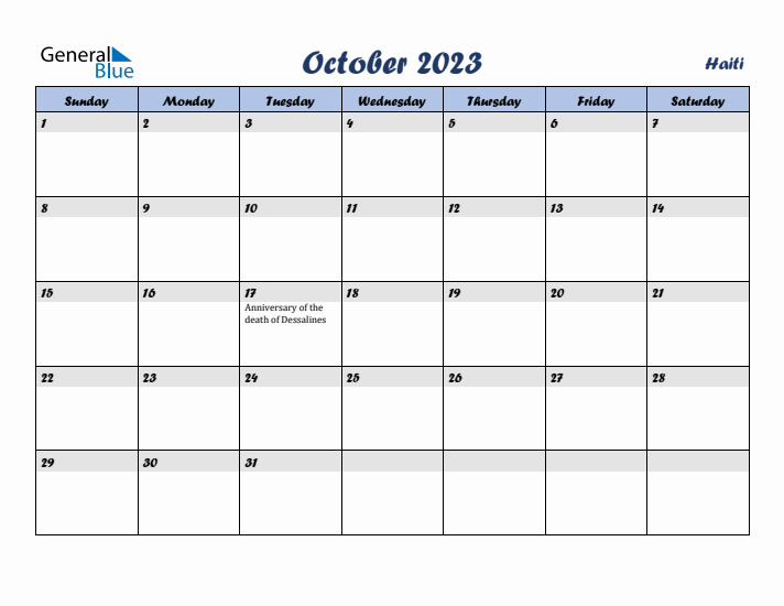 October 2023 Calendar with Holidays in Haiti