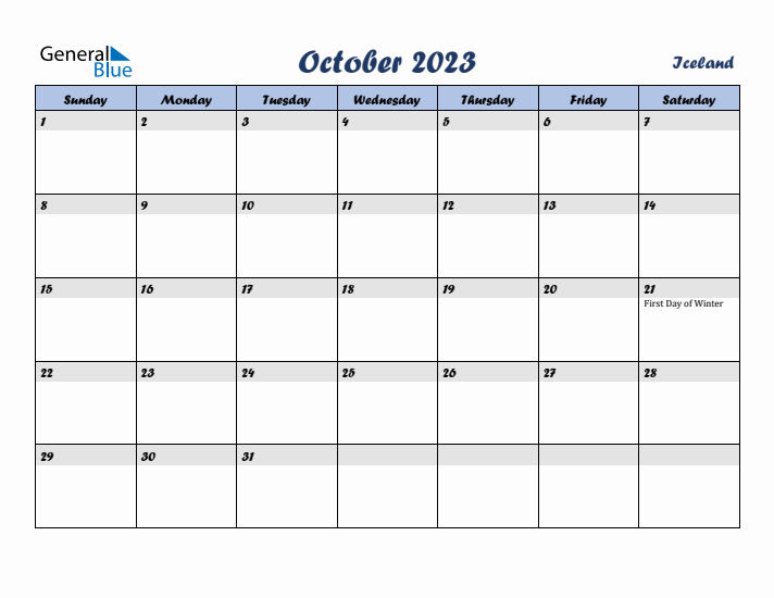 October 2023 Calendar with Holidays in Iceland
