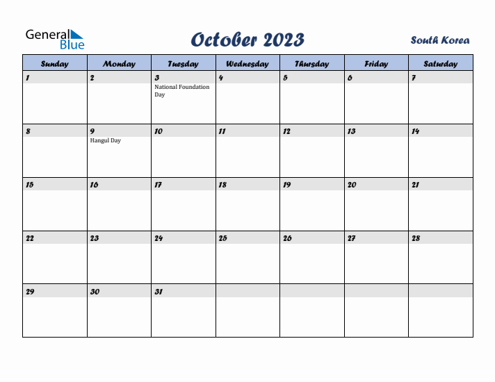 October 2023 Calendar with Holidays in South Korea