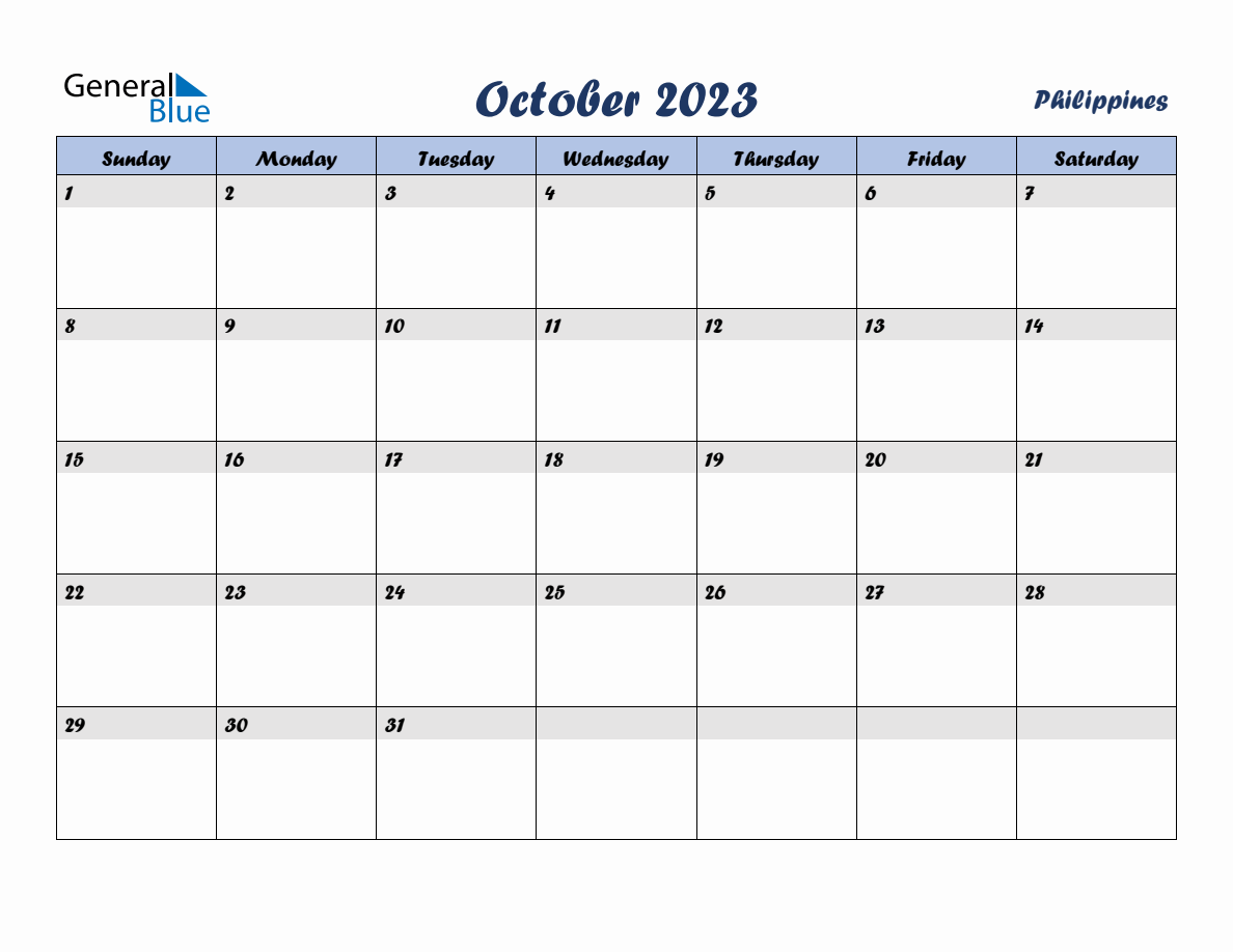 October 2023 Monthly Calendar Template with Holidays for Philippines