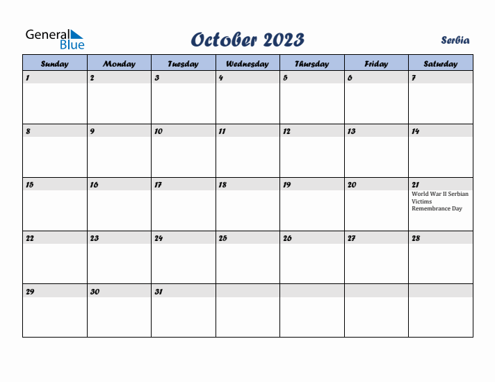 October 2023 Calendar with Holidays in Serbia