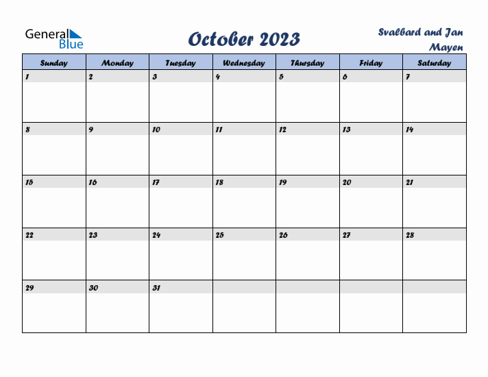 October 2023 Calendar with Holidays in Svalbard and Jan Mayen
