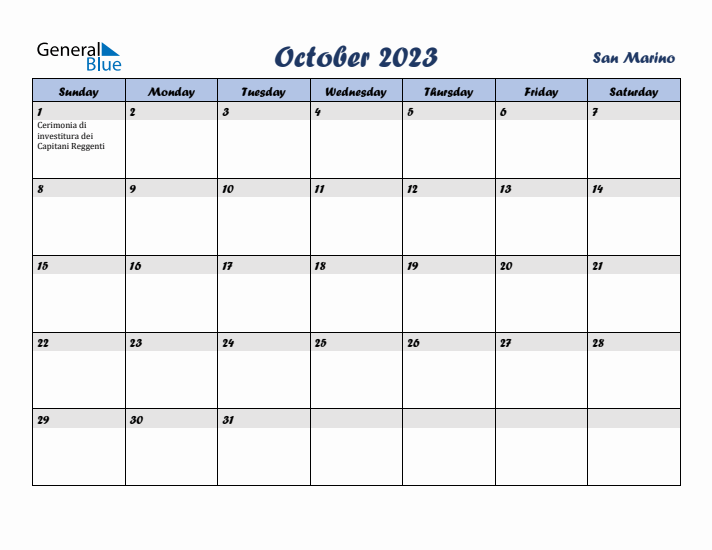October 2023 Calendar with Holidays in San Marino