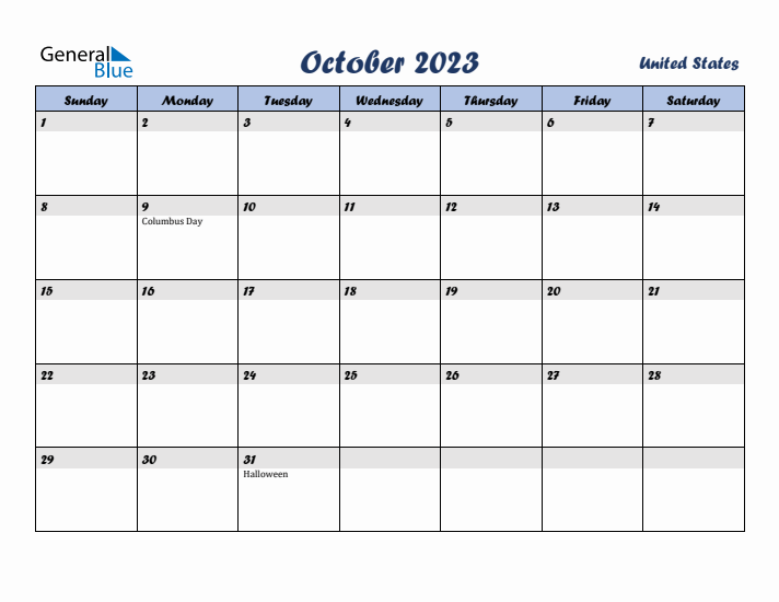 October 2023 Calendar with Holidays in United States