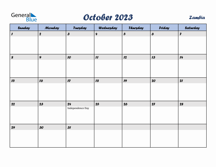 October 2023 Calendar with Holidays in Zambia
