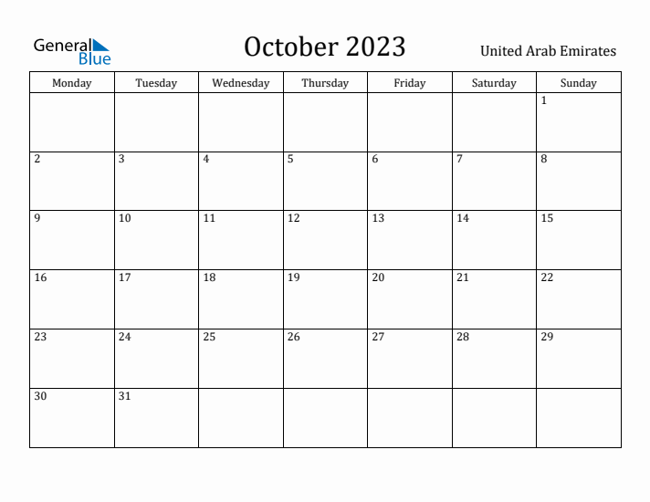 October 2023 Calendar United Arab Emirates