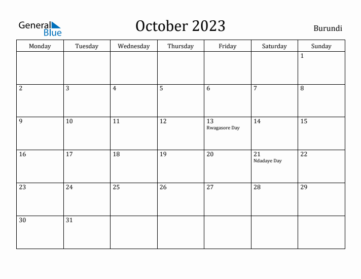 October 2023 Calendar Burundi