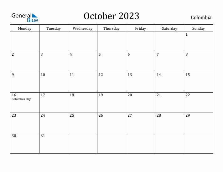 October 2023 Calendar Colombia