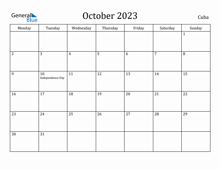 October 2023 Calendar Cuba