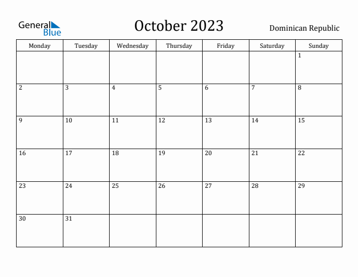 October 2023 Calendar Dominican Republic