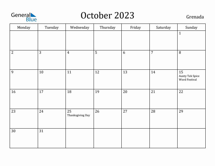 October 2023 Calendar Grenada