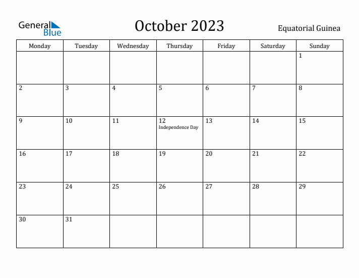October 2023 Calendar Equatorial Guinea