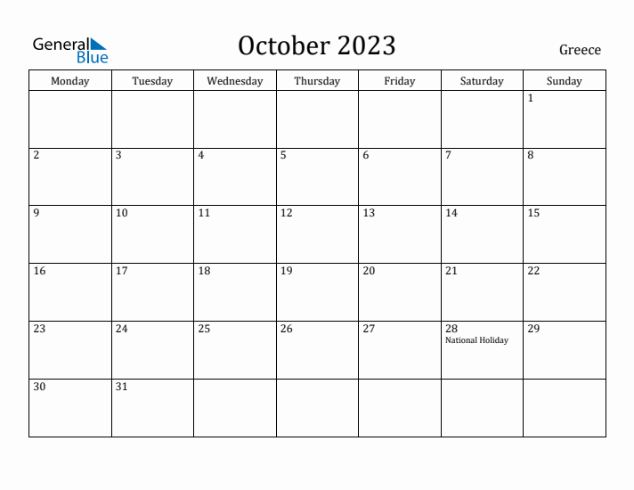 October 2023 Calendar Greece
