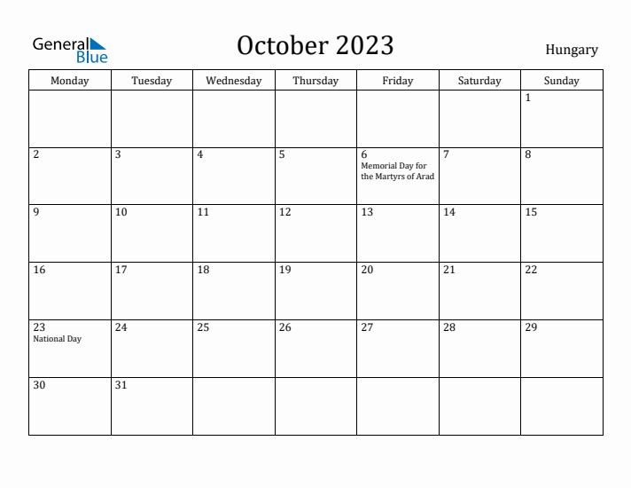 October 2023 Calendar Hungary