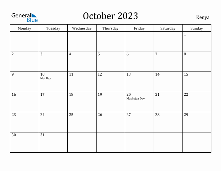 October 2023 Calendar Kenya