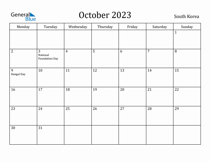 October 2023 Calendar South Korea