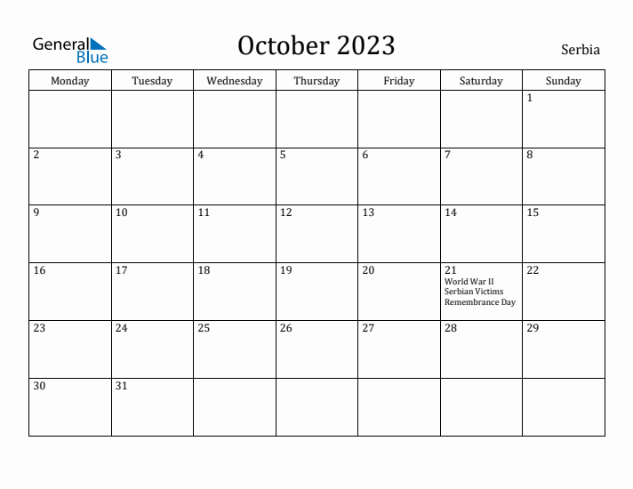 October 2023 Calendar Serbia