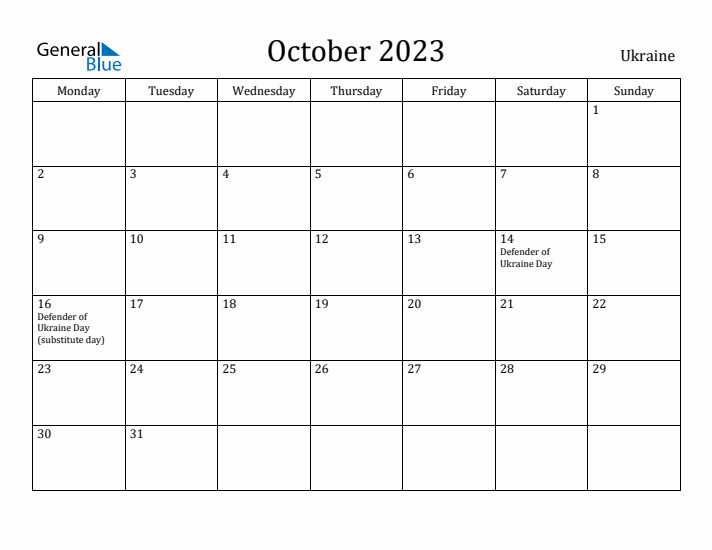 October 2023 Calendar Ukraine