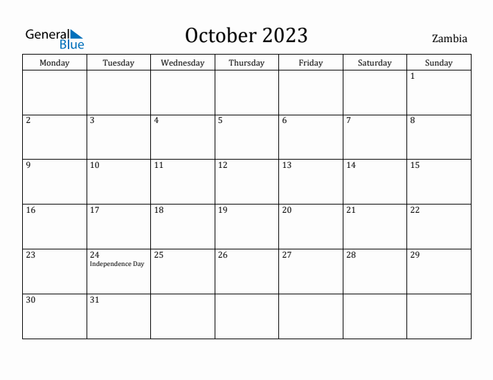 October 2023 Calendar Zambia