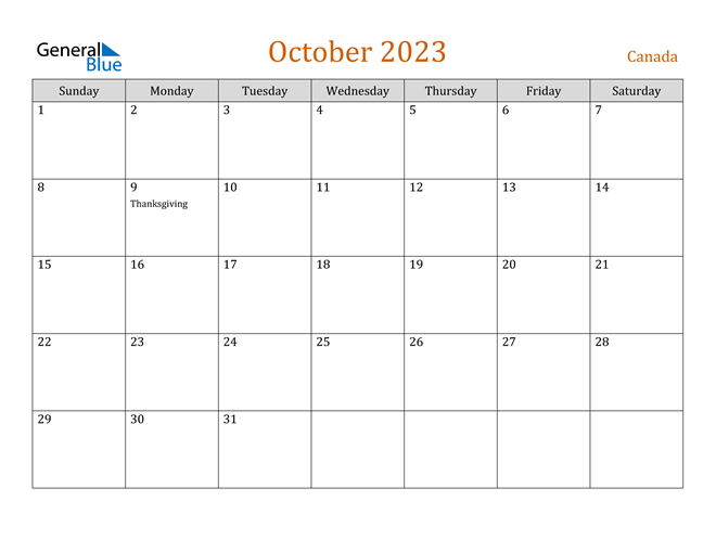 October 2023 Calendar with Canada Holidays