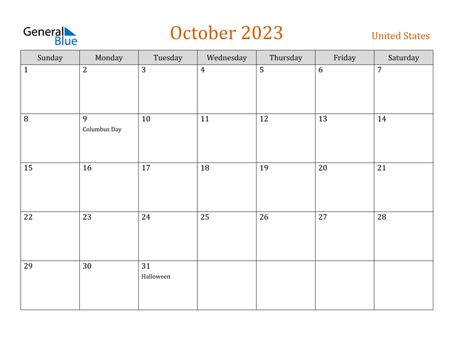 October 2023 Calendar with United States Holidays