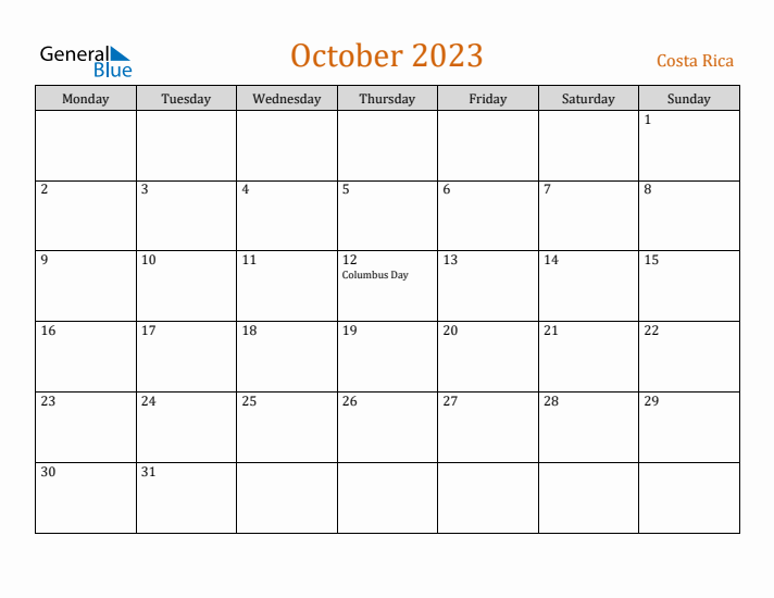 October 2023 Holiday Calendar with Monday Start
